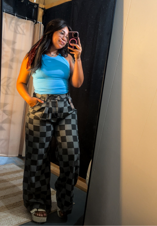 Black/Grey Checkered Wide Leg Jeans