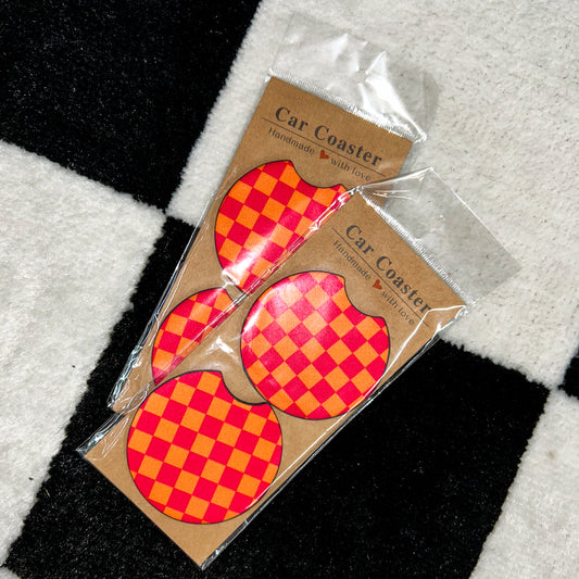 Pink/Orange Checkered Car Coasters