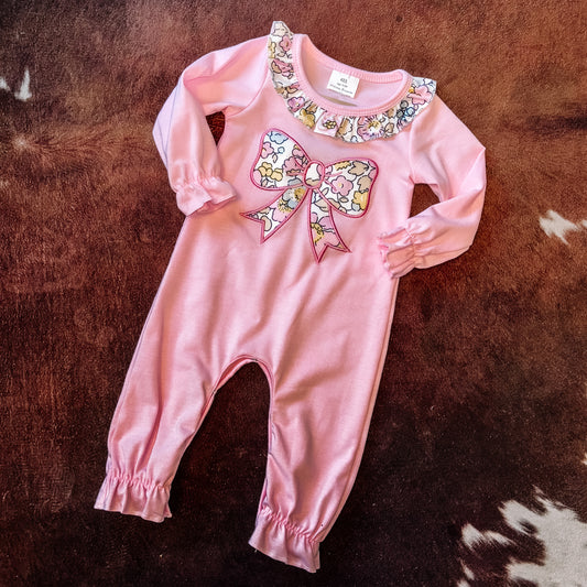 Pink Embroidered Floral Bow Jumpsuit